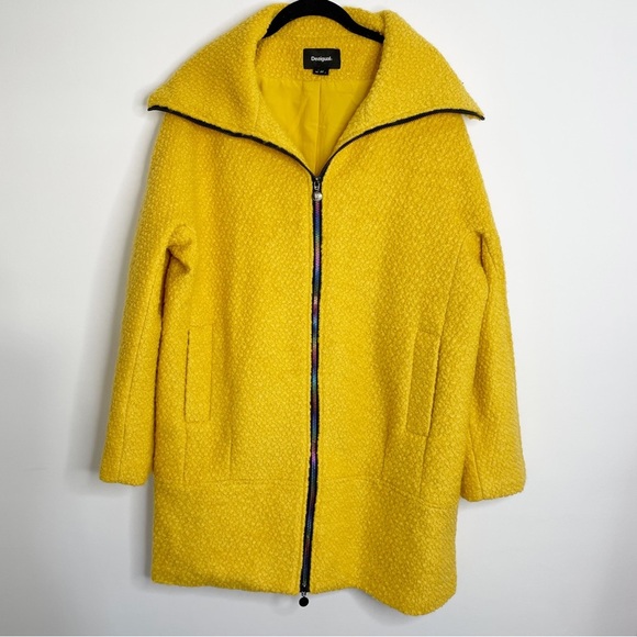 Desigual Yellow Wool Blend Land Abrig Coat Mustard Metallic Zip NWOT 44 - Picture 11 of 12